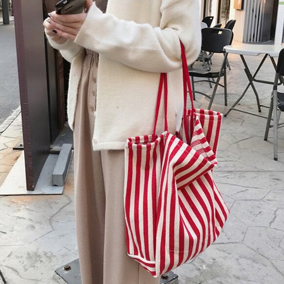 NEW Large Capacity Red & White Striped Shoulder Canvas  12.6" x 7.87" x 13.78" - Picture 3 of 4